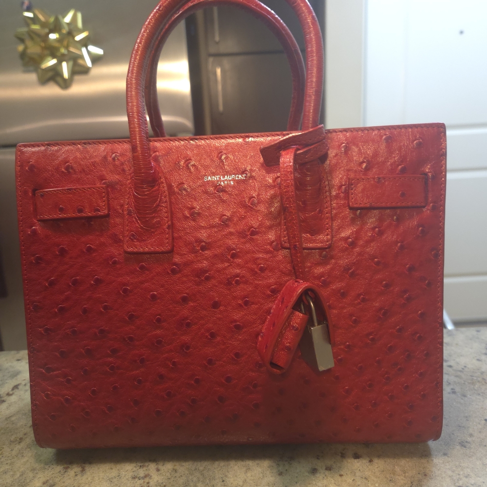 Saint Laurent Ostrich-Embossed Red Satchel